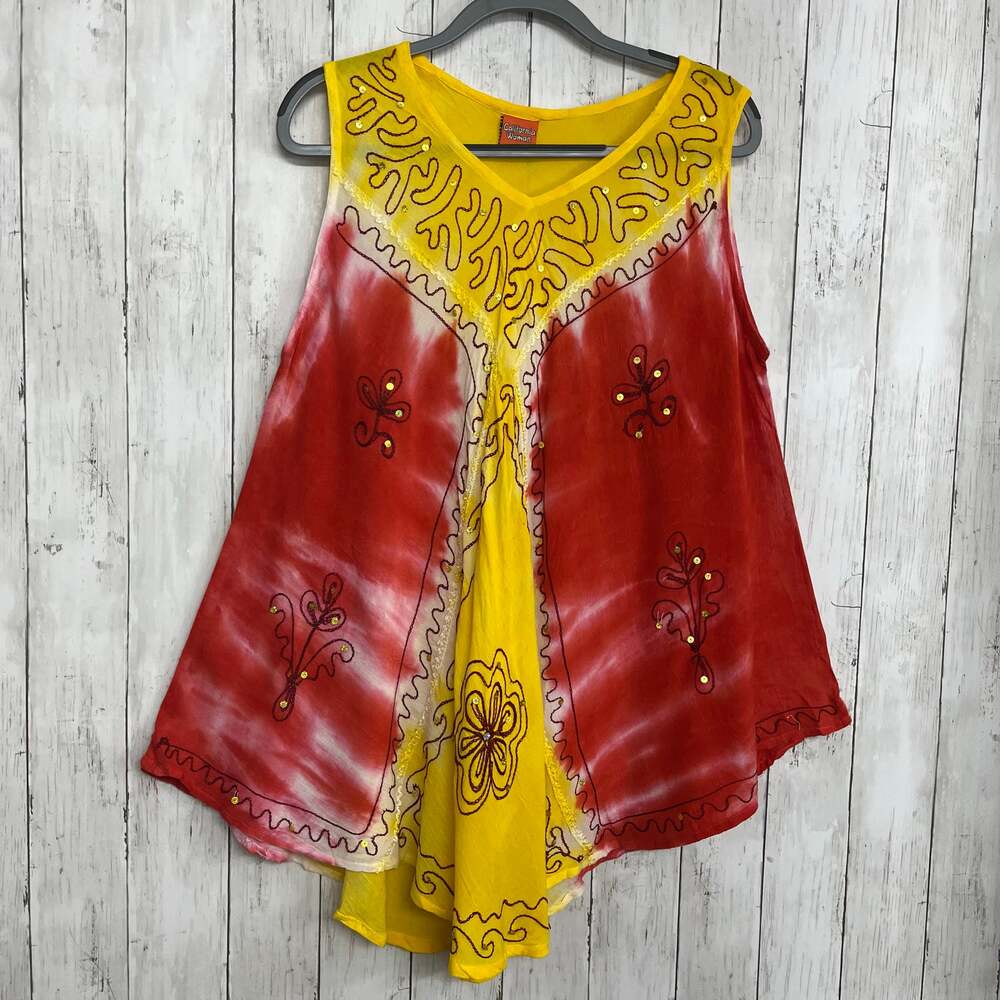 California Woman Boho Tie Dye Flowy Colorful Sequin Sleeveless One Size Blouse